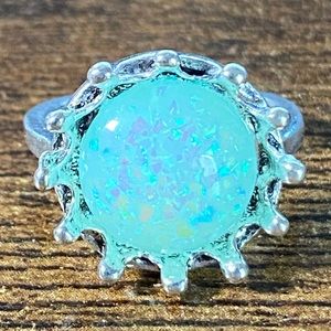 Round Sunflower Blue Opal & Stainless Steel Women’s Ring Size 6